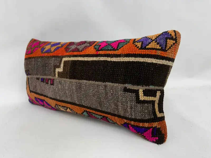 Turkish Kilim Pillow, 12x24 Orange Pillow Case, Cushion Cover, Interior Designer Pillow, Kilim Cushion Sham, Anatolian Cushion Cover - 4
