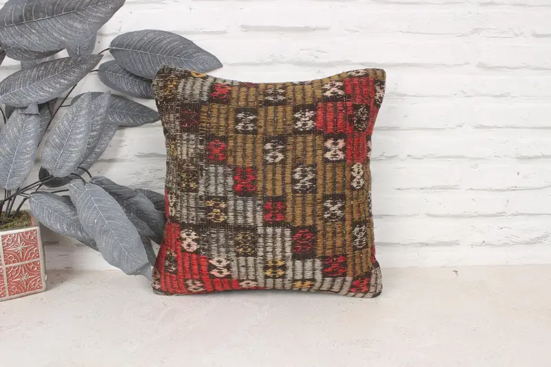 Ethnical Kilim Rug Pillow, Pillow for Couch, Bolster Pillow Sham, Pillow, 14x14 Red Cushion Case, Kilim Pillow Cover, Accent Pillow Cover - 1
