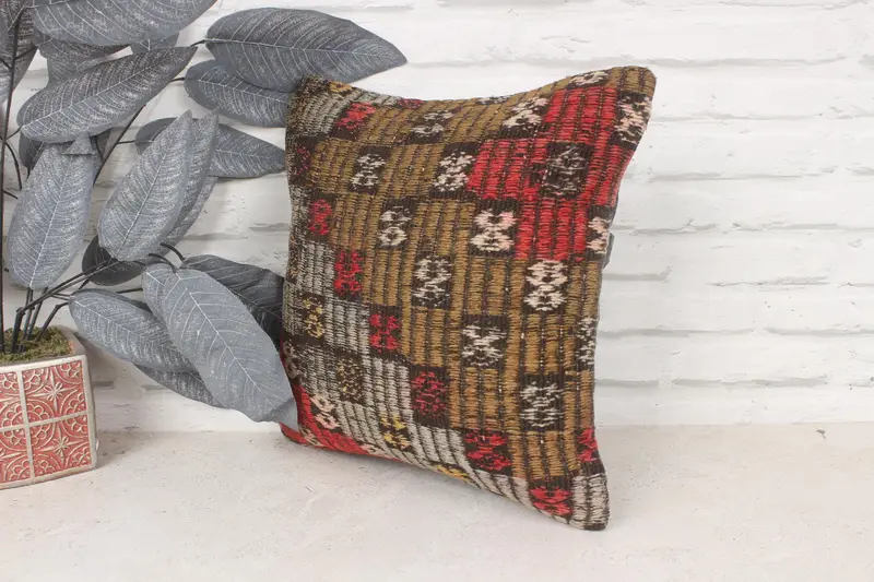 Ethnical Kilim Rug Pillow, Pillow for Couch, Bolster Pillow Sham, Pillow, 14x14 Red Cushion Case, Kilim Pillow Cover, Accent Pillow Cover - 4