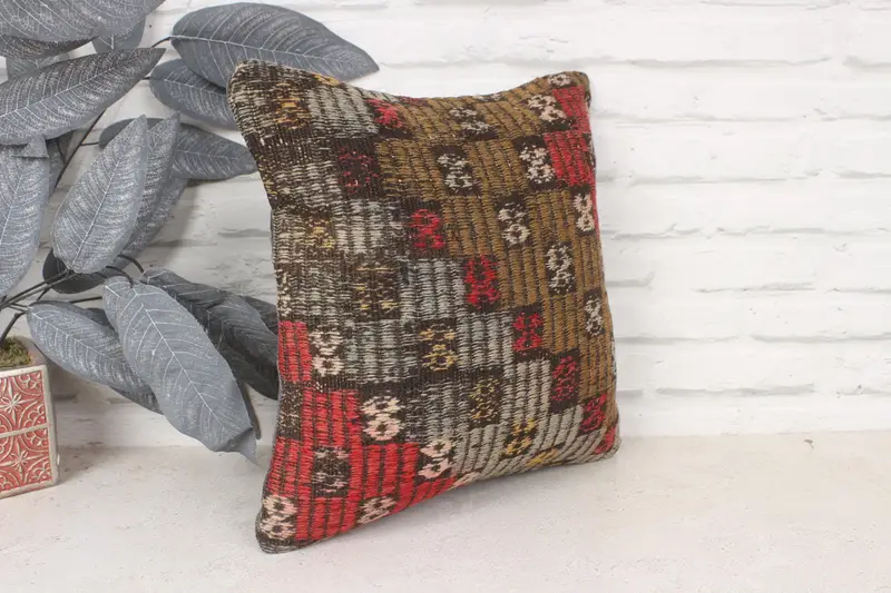 Ethnical Kilim Rug Pillow, Pillow for Couch, Bolster Pillow Sham, Pillow, 14x14 Red Cushion Case, Kilim Pillow Cover, Accent Pillow Cover - 3