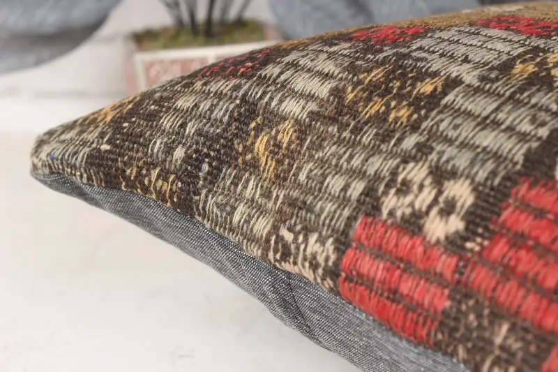 Ethnical Kilim Rug Pillow, Pillow for Couch, Bolster Pillow Sham, Pillow, 14x14 Red Cushion Case, Kilim Pillow Cover, Accent Pillow Cover - 7