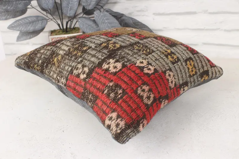 Ethnical Kilim Rug Pillow, Pillow for Couch, Bolster Pillow Sham, Pillow, 14x14 Red Cushion Case, Kilim Pillow Cover, Accent Pillow Cover - 6