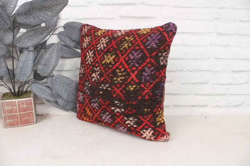 Ethnical Kilim Rug Pillow, Colorful Cushion Case, 16x16 Red Pillow Cover, Boho Pillow Sham Cover, Home Decor Pillow, Cushion, Ottoman Cushion Cover - 4
