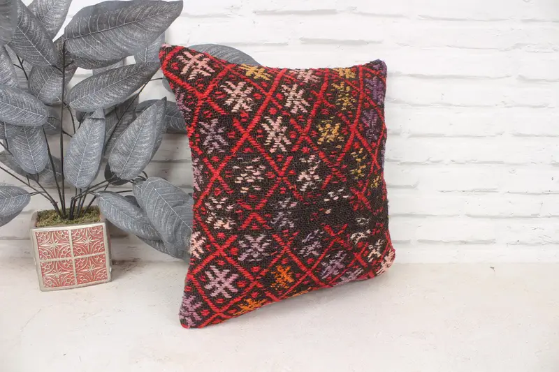 Ethnical Kilim Rug Pillow, Colorful Cushion Case, 16x16 Red Pillow Cover, Boho Pillow Sham Cover, Home Decor Pillow, Cushion, Ottoman Cushion Cover - 3