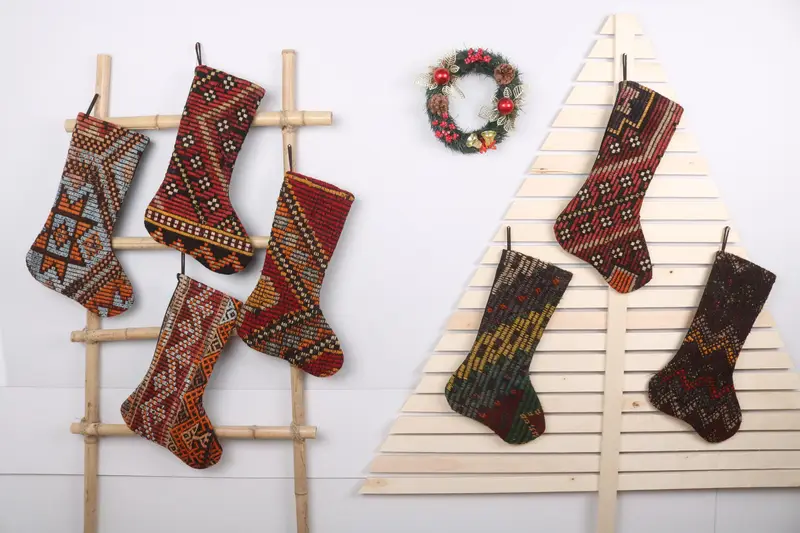 Festive Brown Christmas Stocking with Red Ornaments, Cozy Holiday Decor