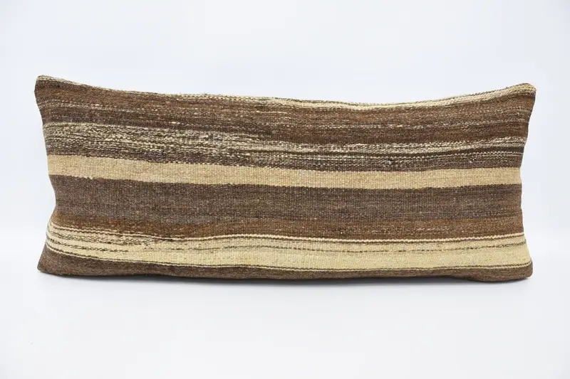 Rectangle Brown Turkish Cushion Cover, Moroccan Minimalist 16x36 inch Striped Euro Sham - 1