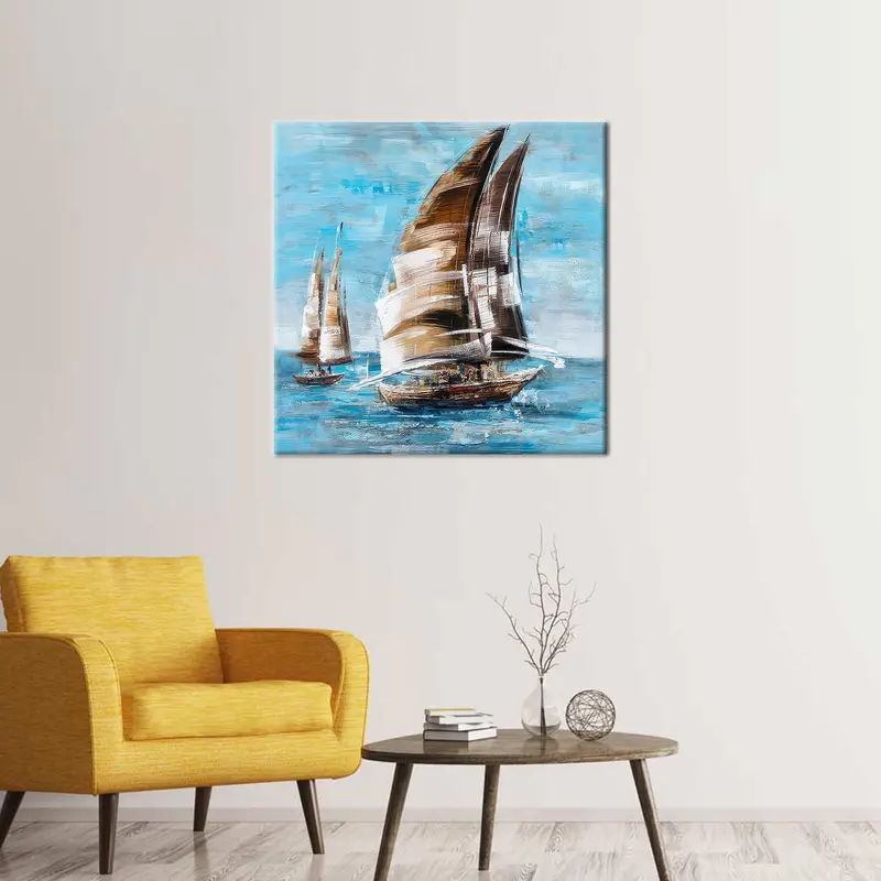 Modern Coastal Seascape Canvas: Elegant Boat Art for Office