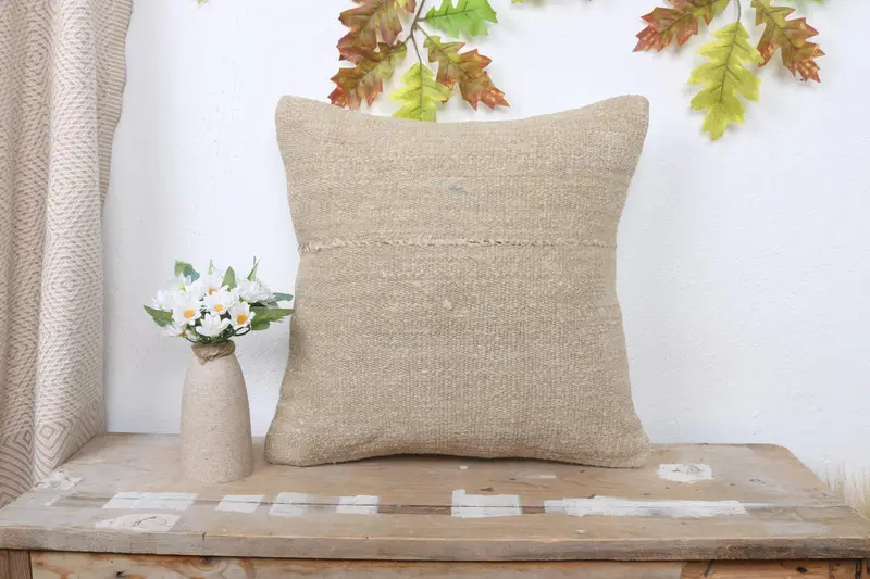 Interior Designer Pillow, Kilim Cushion Sham, Ethnical Kilim Rug Pillow, 16x16 Beige Pillow Cover, Cushion Cover, Outdoor Throw Cushion - 1