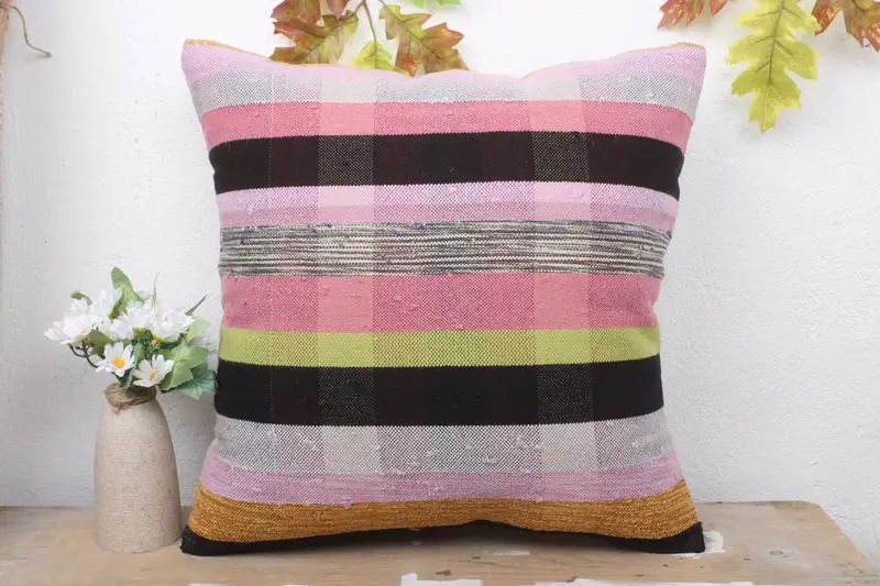 Traditional Pillow Sham, Cozy Throw Pillow Case, Home Decor Pillow, 18x18 Pink Pillow Case, Pillow Sham, Kilim Pillow Cover, Kilim Pillow - 2