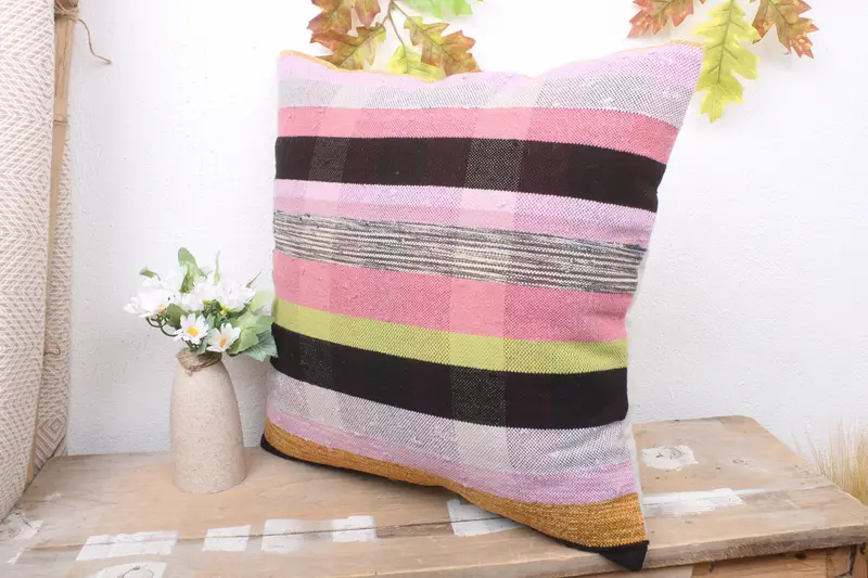 Traditional Pillow Sham, Cozy Throw Pillow Case, Home Decor Pillow, 18x18 Pink Pillow Case, Pillow Sham, Kilim Pillow Cover, Kilim Pillow - 4
