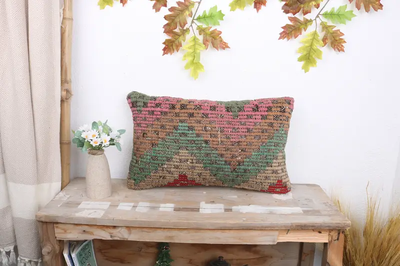 Armchair Cushion Cover, Kilim Pillow Cover, 12x20 Green Pillow Sham, Boho Pillow, Pillow Case, Pillow for Sofa, Accent Throw Pillow Sham - 1