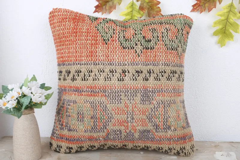 Antique Pillows, Cushion Cover, Lounge Throw Cushion Case, Ethnical Kilim Rug Pillow, Throw Kilim Pillow, 16x16 Red Pillow Sham, Bench Cushion - 2