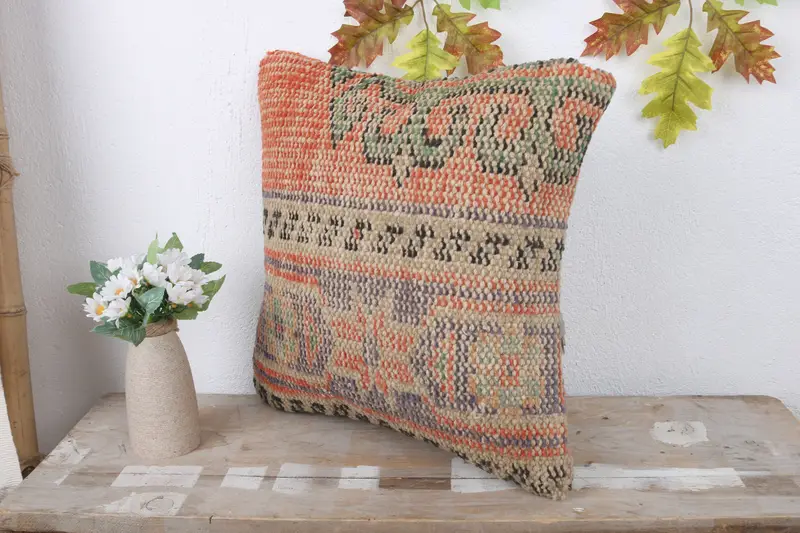 Antique Pillows, Cushion Cover, Lounge Throw Cushion Case, Ethnical Kilim Rug Pillow, Throw Kilim Pillow, 16x16 Red Pillow Sham, Bench Cushion - 4