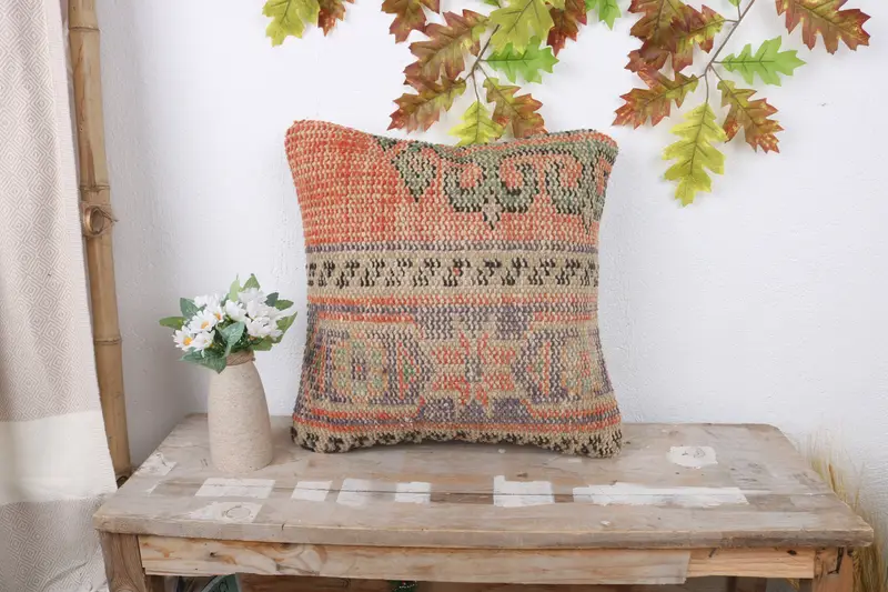 Antique Pillows, Cushion Cover, Lounge Throw Cushion Case, Ethnical Kilim Rug Pillow, Throw Kilim Pillow, 16x16 Red Pillow Sham, Bench Cushion - 1