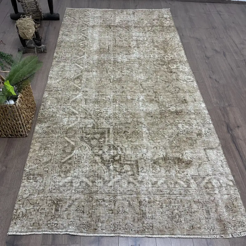 Brown & Beige Rug, 4,2x8,2 ft Plant & Tree Pattern