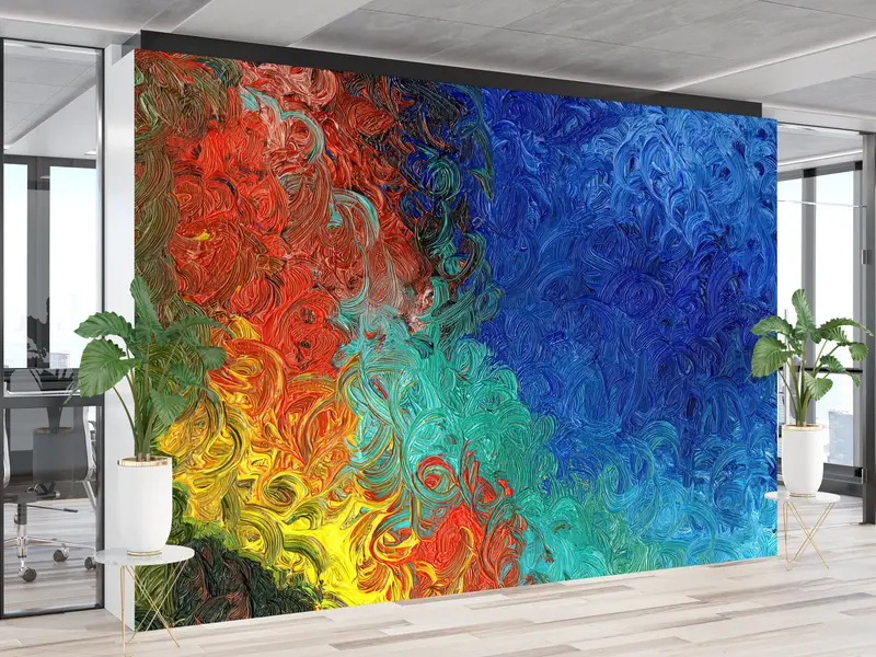 Elegante zeitgenössische blaue und farbenfrohe, abstrakt bedruckte Tapete