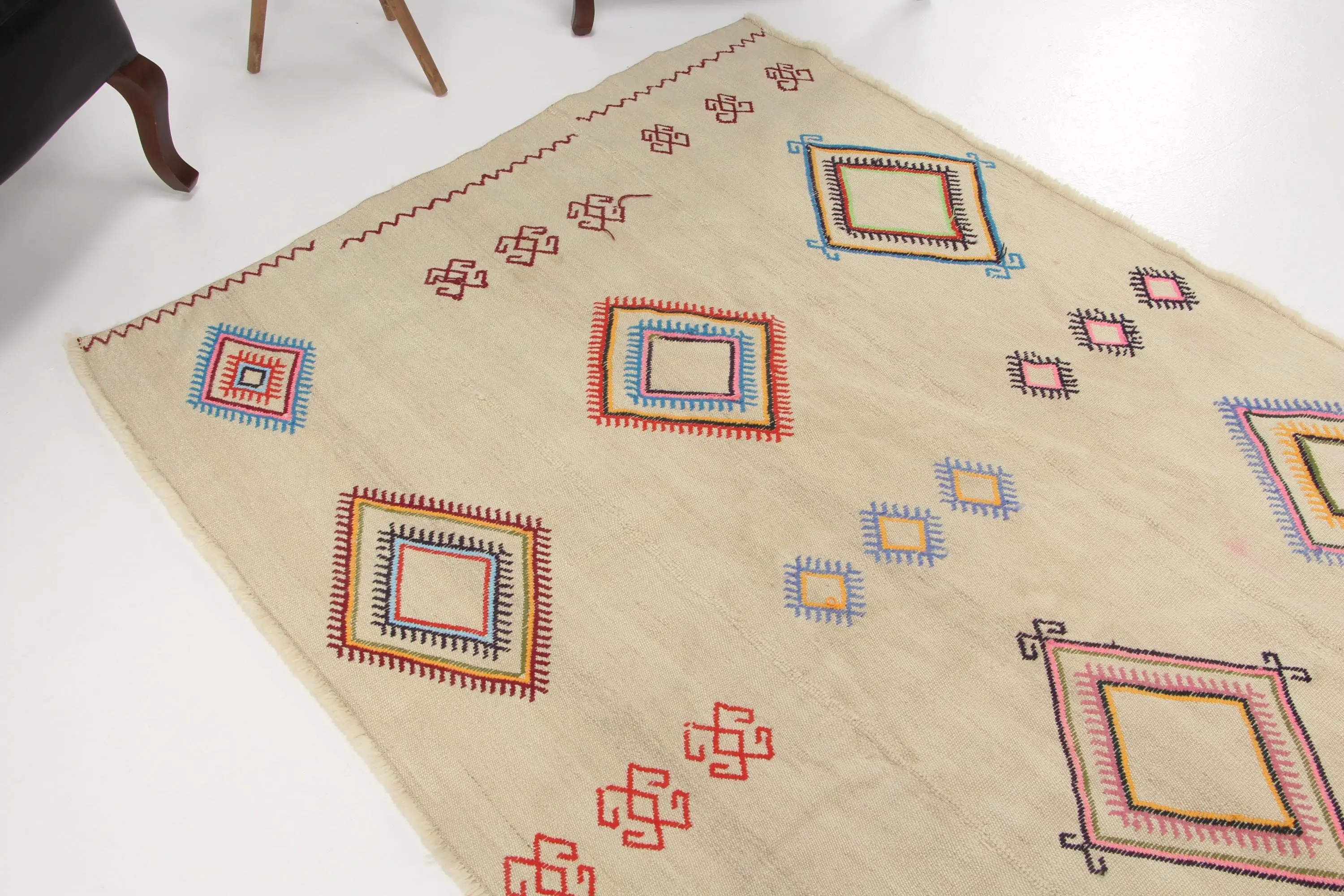 Vintage Türk Halısı, 9.5x4.6 ft Büyük Halı, Beyaz Mavi Halı - 1