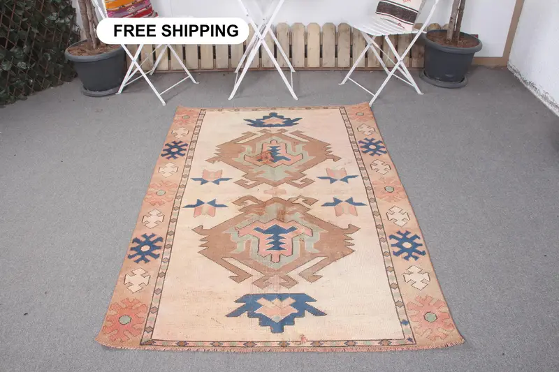 Elegant Beige & Orange Rug, 4x5.6 ft Botanical Design