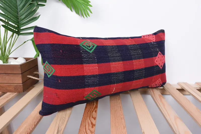 Ikat Cushion Cover, Cushion Case, Handmade Kilim Cushion, 12x24 Red Cushion Cover, Interior Designer Pillow, Turkish Kilim Pillow - 4