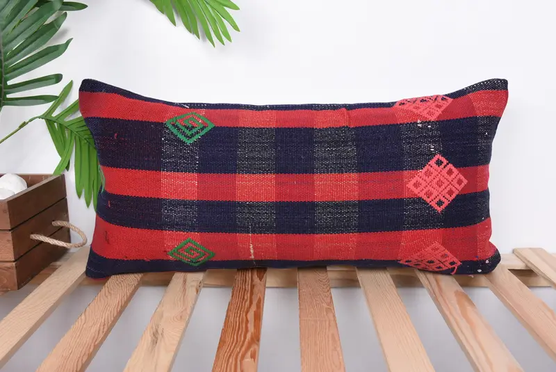 Ikat Cushion Cover, Cushion Case, Handmade Kilim Cushion, 12x24 Red Cushion Cover, Interior Designer Pillow, Turkish Kilim Pillow - 1