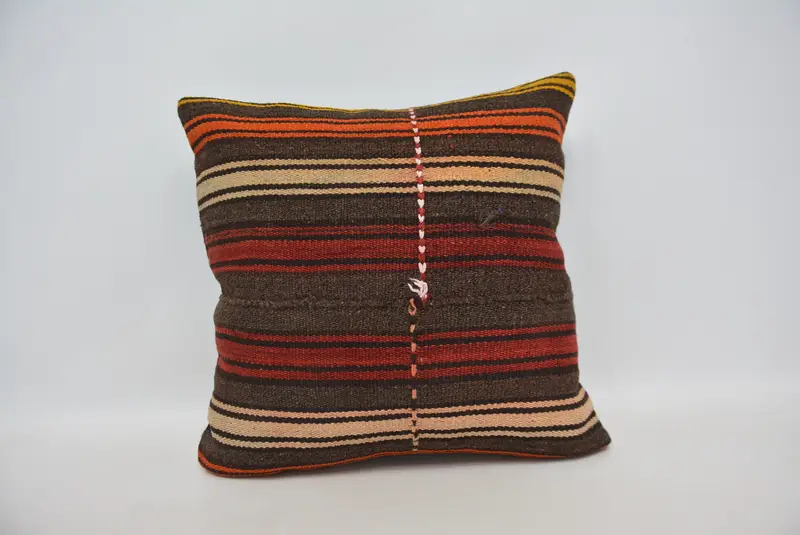 Almohada de tiro a rayas rojas y naranjas, cojín vintage bordado 24x24