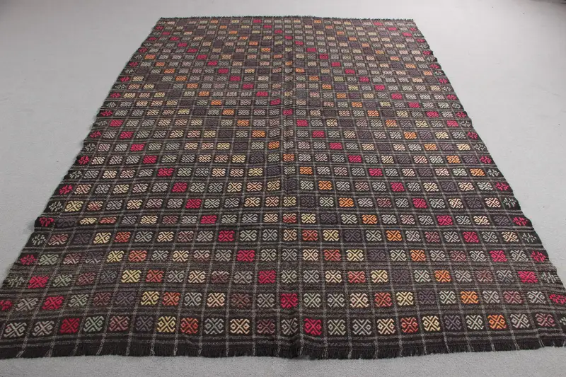 6.5x9.1 ft Siyah Yeşil Halı, Geometrik Çiçek Desenli