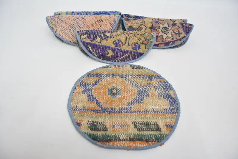 ブルーとオレンジのキリム プレースマット、ユニークなトルコ敷物アンダープレート