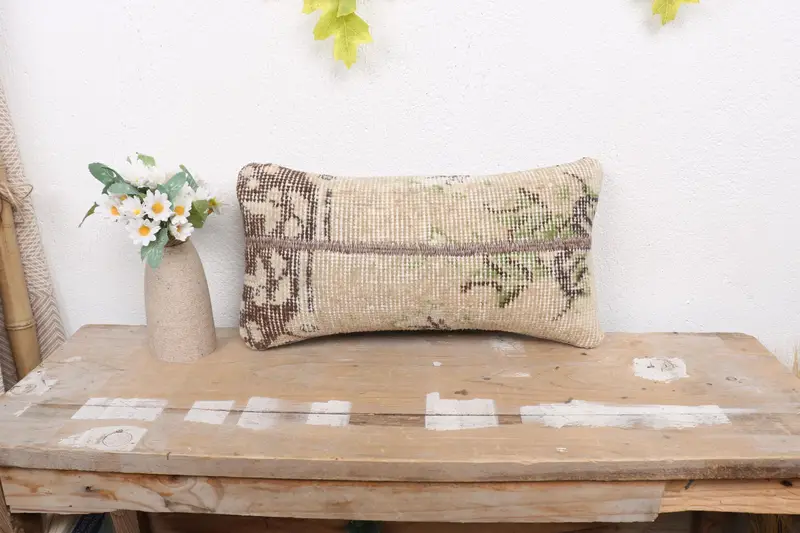 Vintage Kilim Throw Pillow, Boho Throw Pillow Case, Antique Pillows, Cushion Cover, 8x16 Beige Pillow Cover, Handmade Kilim Cushion - 1