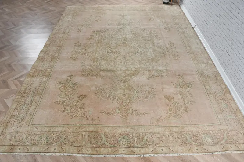 Oushak Vintage Teppich, 9,6x12,7 ft türkischer Teppich, brauner Pflanzen & Bäume Wollteppich - 1