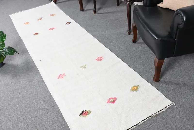 2.5x9.3 ft Halı, Vintage Türk Halısı, Beyaz Kilim Yün Halı - 1