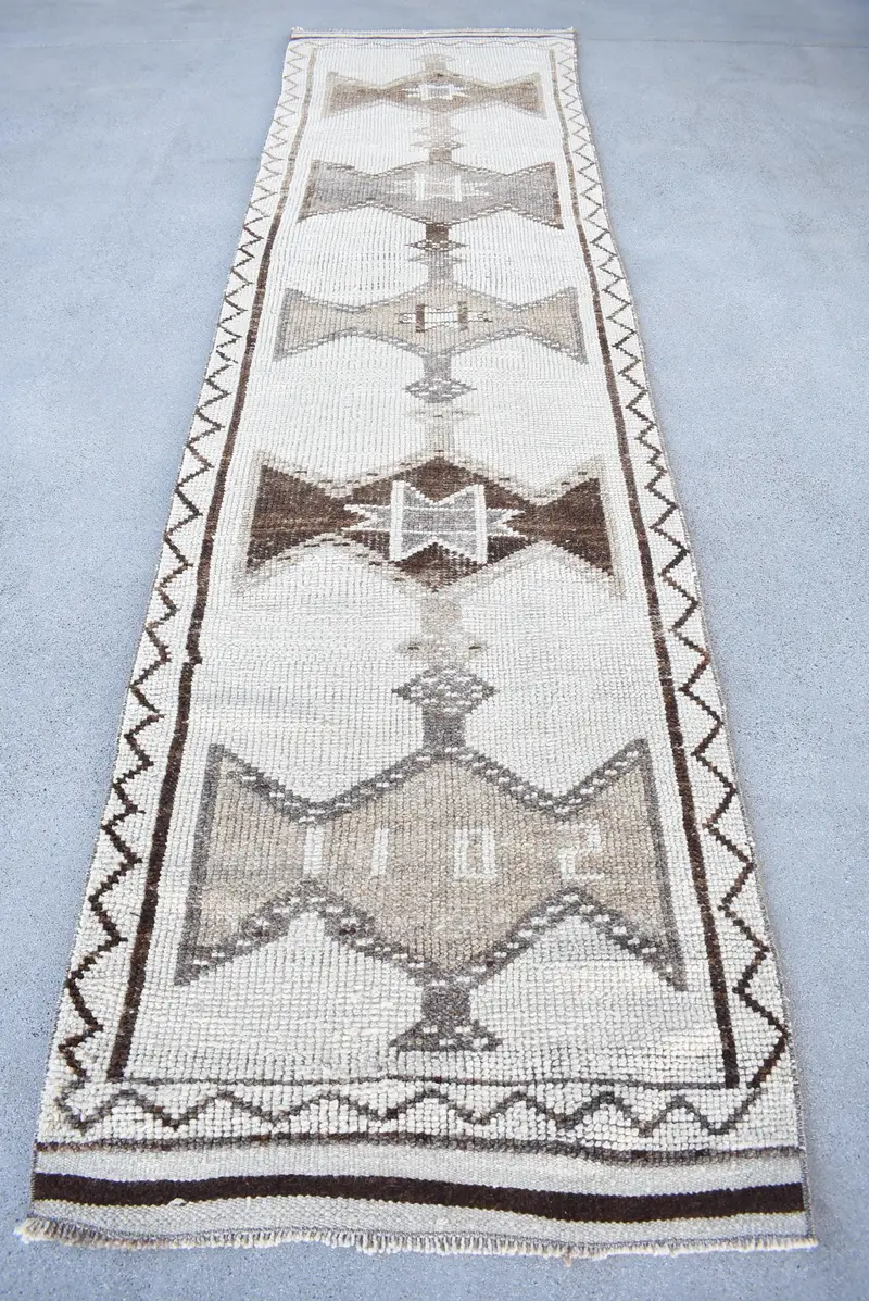 3.1x11.8 ft Vintage Halı, Runner Türk Halısı, Bej Çiçekli Halı - 1
