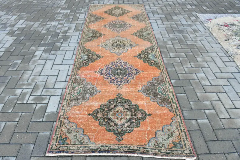 Turkish Runner Rug, 3.6x10.2 ft Vintage Rug, Orange Floral Wool Rug - 1