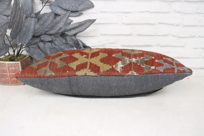 Yoga Pillow Sham, Kilim Pillow, 12x24 Red Pillow Case, Pastel Pillow Cover, Handmade Kilim Cushion, Pillow Case, Turkish Pillow - 5