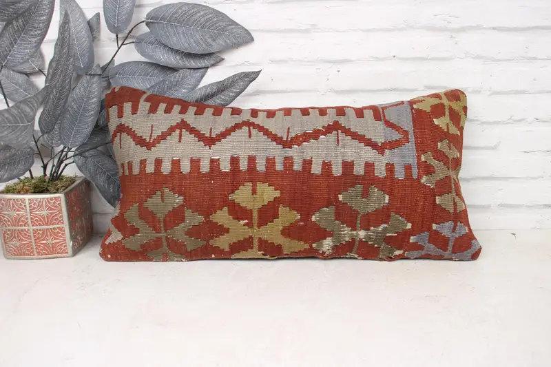 Yoga Pillow Sham, Kilim Pillow, 12x24 Red Pillow Case, Pastel Pillow Cover, Handmade Kilim Cushion, Pillow Case, Turkish Pillow - 1
