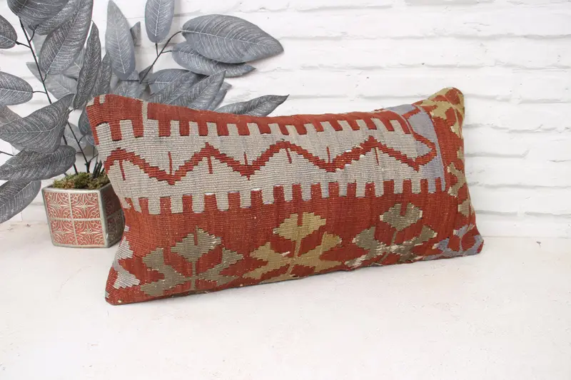 Yoga Pillow Sham, Kilim Pillow, 12x24 Red Pillow Case, Pastel Pillow Cover, Handmade Kilim Cushion, Pillow Case, Turkish Pillow - 3