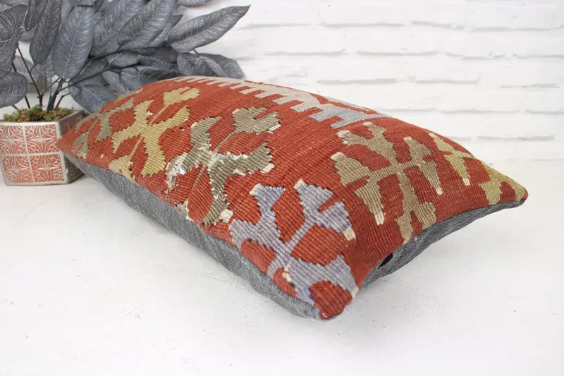 Yoga Pillow Sham, Kilim Pillow, 12x24 Red Pillow Case, Pastel Pillow Cover, Handmade Kilim Cushion, Pillow Case, Turkish Pillow - 6