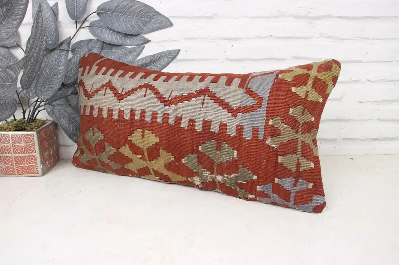 Yoga Pillow Sham, Kilim Pillow, 12x24 Red Pillow Case, Pastel Pillow Cover, Handmade Kilim Cushion, Pillow Case, Turkish Pillow - 4