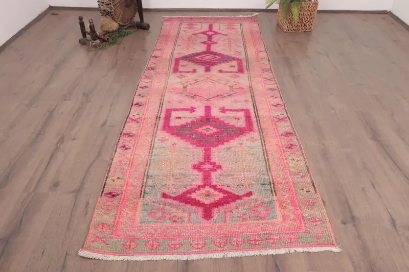 Vintage Runner Rug, 3.6x9.6 ft Turkish Rug, Pink Oushak Wool Rug - 1