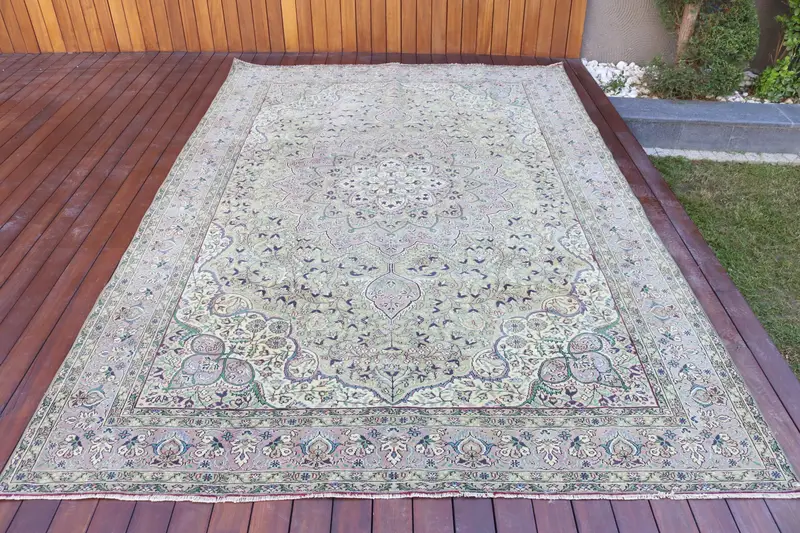 ヴィンテージ ラージ ラグ 6.46x9.8 フィート、ブルー フローラル トルコ ウール ラグ - 1