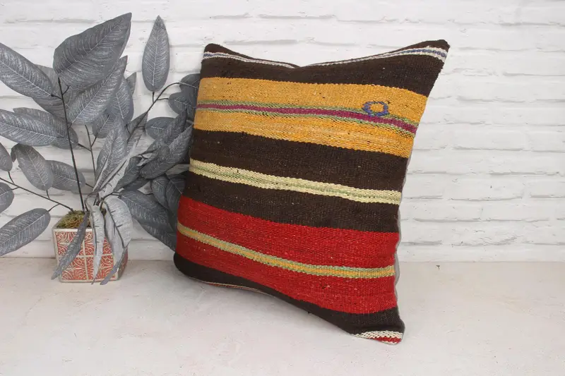 Bohemian Cushion Pillow Case, Home Decor Pillow, 20x20 Yellow Pillow Case, Pillow Cover, Handmade Kilim Cushion, Kilim Pillow - 4