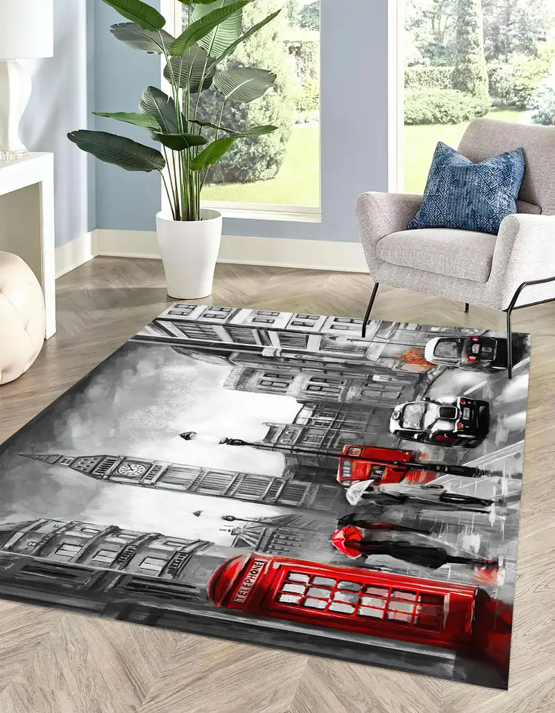 Londra Şehir Manzarası Baskılı Halı: Modern Kırmızı Telefon Kulübesi Tasarımı