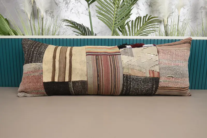 Beige, braunes Patchwork-Wurfkissen, 16x42 handgemachtes Leinenkissen