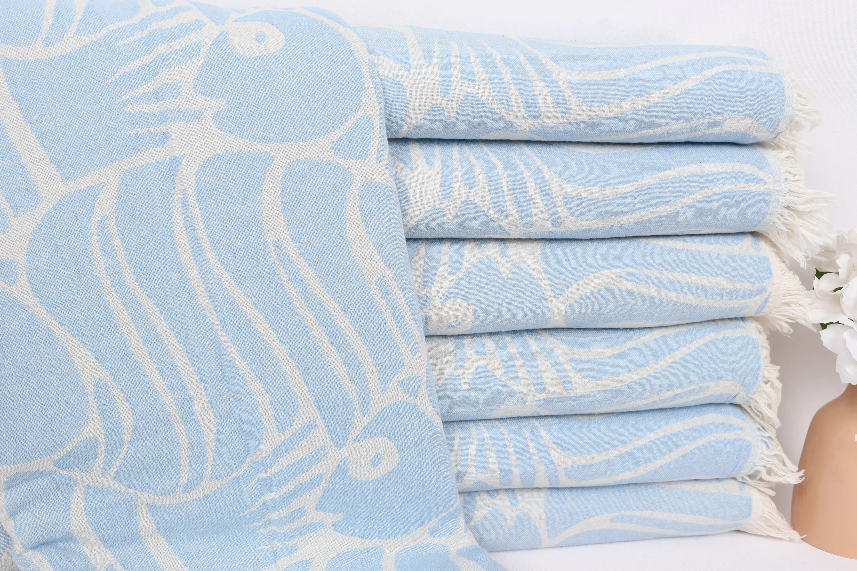 Dark Baby Blue Fish Design Cotton Blanket, Tablecloth, 60x71 Inches - 1