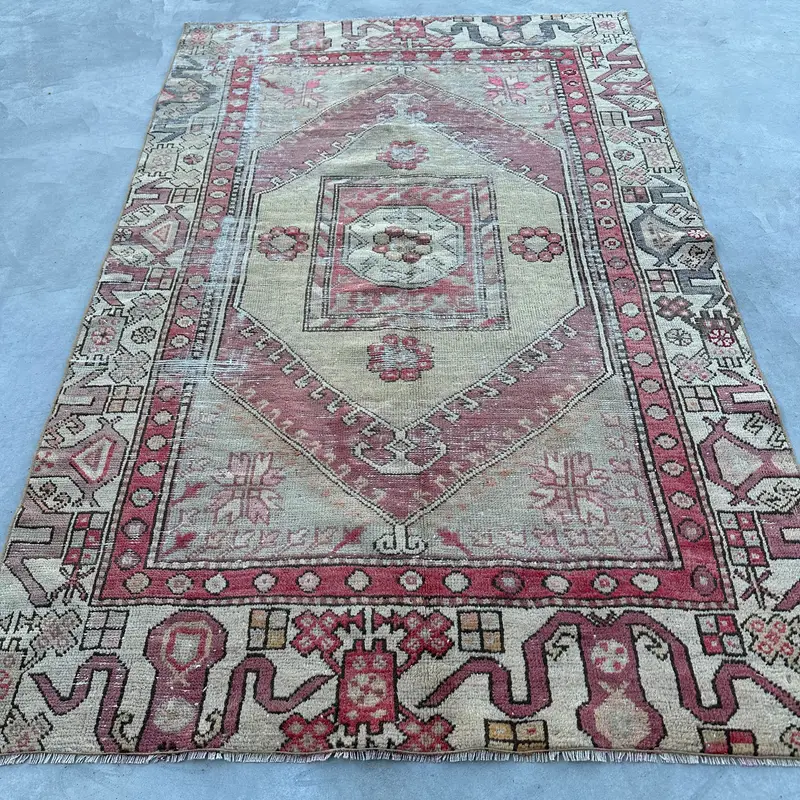 4.5x7.1 ft Rug, Area Turkish Rug, Beige Oushak Polka dot Rug - 1
