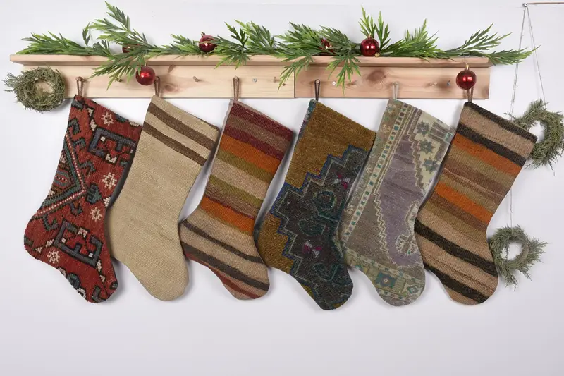 Beige 19-Inch Christmas Stocking, Festive Ornament Pattern Stocking