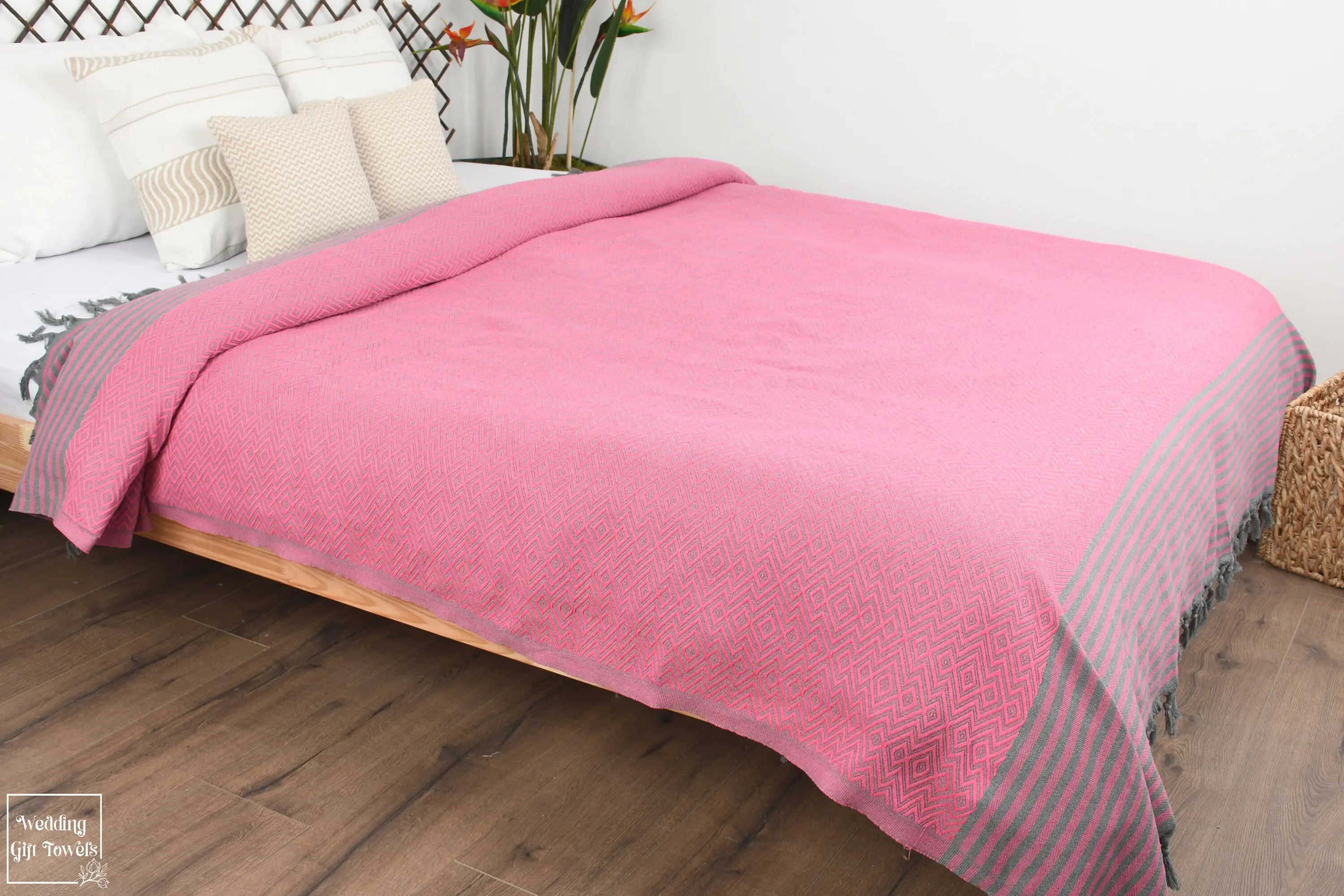 Diamond Blanket Personalized Turkish Cotton Monogram Beige, 79x103 Inches - 1