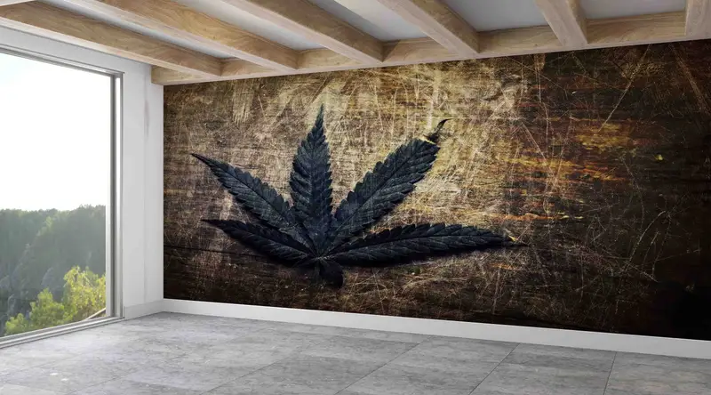 Elegante papel pintado vintage con estampado de hojas de marihuana para un ambiente artístico