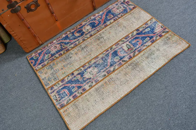 Vintage Small Rug 2.4x3.2 ft, Blue Plants & trees Turkish Wool Rug - 1