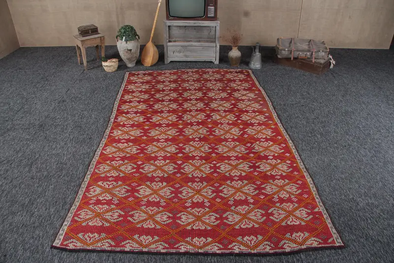 5.8x9.6 ft Türk Halısı, Vintage Büyük Halı, Kırmızı Beyaz Soyut Halı - 1