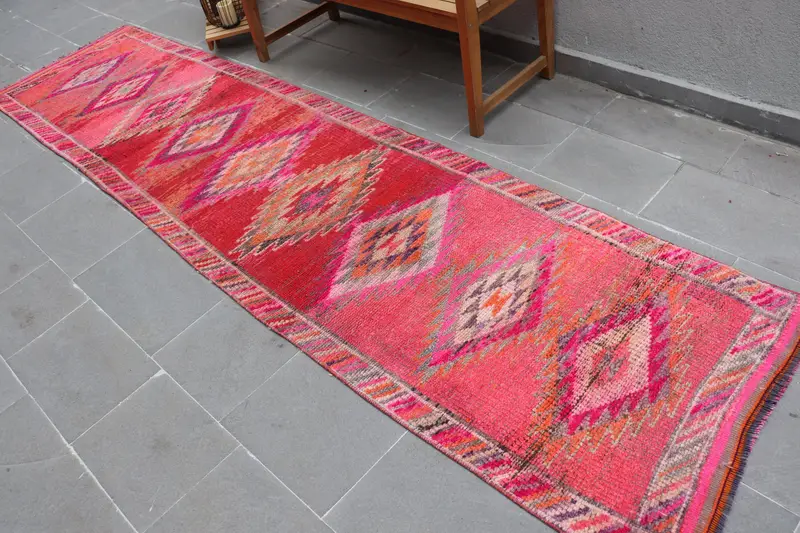 Vintage 2.9x11.6 ft Rug, Runner Turkish Rug, Red Solid Wool Rug - 1
